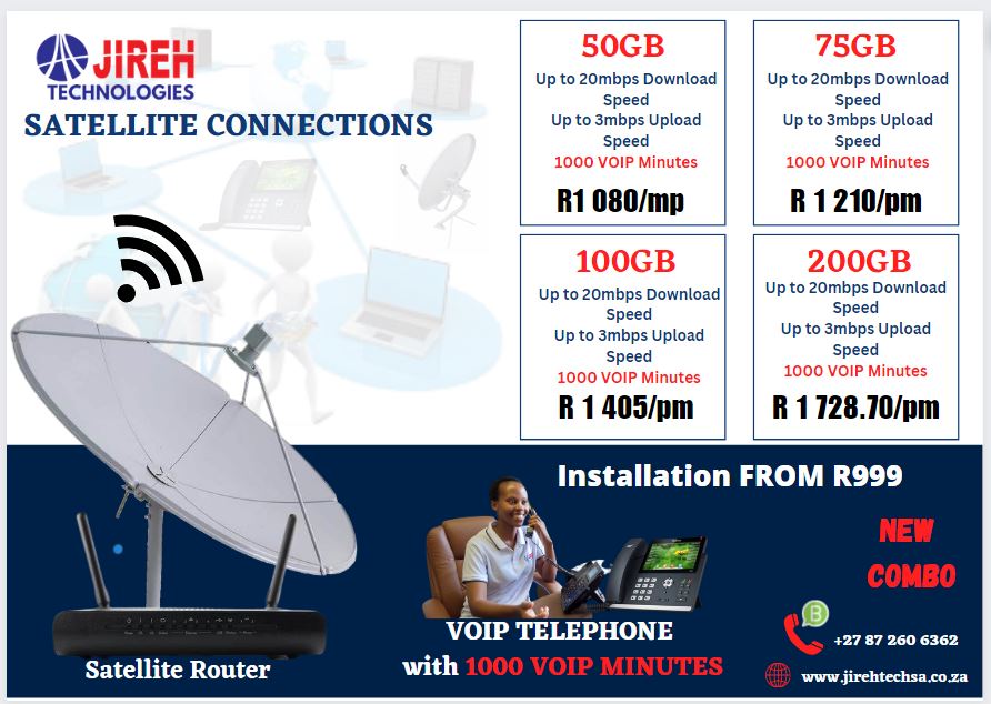 jirehtech_sa's tweet photo. Your business needs this internet combo. Don't hesitate, we got you and your business covered.
Get satellite connection with a line speed of up to 20 Mbps together with 1000 free minutes on our VoIP telephone deals today!

#DrNandipha Bongani Fassie #Venda https://t.co/1ZQ3W3Q0C4