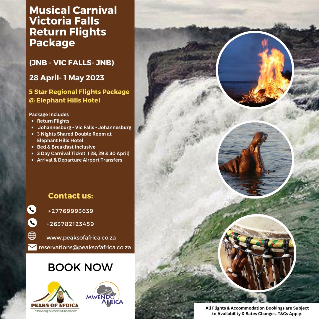 Experience the ultimate party at one of the world's seven natural wonders! Join us at #VictoriaFallsCarnival for a celebration like no other. Get ready to dance and make memories. Don't the #adventure of a lifetime! peaksofafrica.co.za
 #VFC2023 #AfricanAdventure #BucketList
