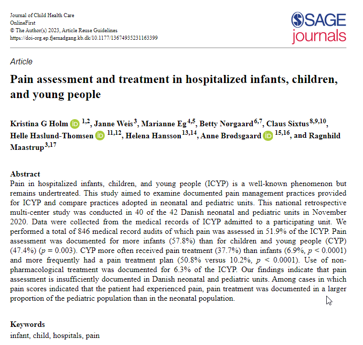 NEW STUDY! This national pain audit found that more infants (58%) than children and young people (47%) had pain assessment documented, but the latter more often received pain treatment. Non-pharm. treatment was seldom documented. journals.sagepub.com/doi/10.1177/13…