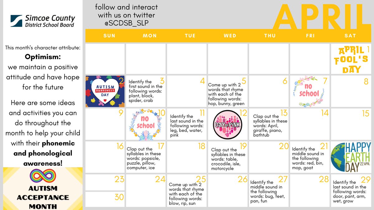 SCDSB_SLP's tweet image. Check out the April Speech &amp;amp; Language calendar from the #SCDSBSLP and #SCDSBSLA team!