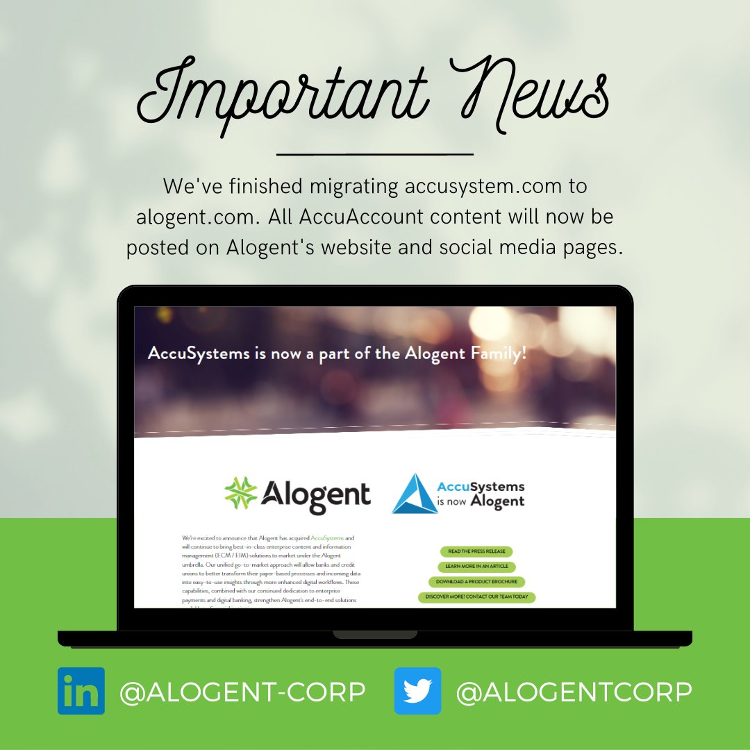 BankDocuments's tweet image. 📢Our website migration is complete! Moving forward, AccuAccount content will only be posted on alogent.com and Alogent's social media pages. Please follow @alogentcorp to stay in the loop! #TeamAlogent