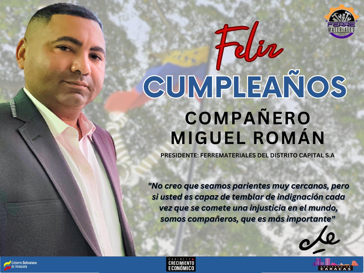 Ferrematerial's tweet photo. #11Abr Hoy está de cumpleaños el compañero Presidente de @Ferrematerial, Miguel Román @MiguelRomanPsuv 

Reciba de los Trabajadores y trabajadoras que lo acompañamos en su gestión, un feliz cumpleaños camarada. 

#NoPudieronNiPodrán https://t.co/B1Qflml1QY