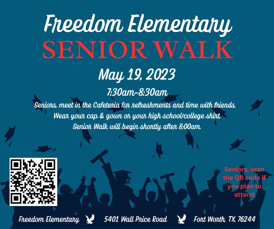 Are you a former Freedom Eagle and are a senior graduating this year? Come walk the Freedom halls on May 19th from 7:30-8:30am for our Eagles Senior Walk! Scan QR to RSVP! <a href="/kellercentralhs/">Keller Central HS</a> @freedomeaglespta @FRES117