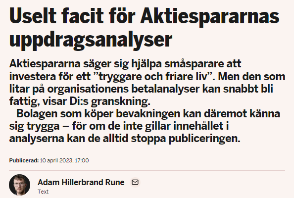MurgataER's tweet photo. Jag inte tillgång till Dagens Industri här och nu, men vad menas med att bolagen kan "stoppa publiceringen"? Bolagen får väl inte veta vad som skrivs innan analyserna släpps? 🧐

Jag har aldrig visat estimat eller slutsatser för bolag i förväg. Inte ens hos tidigare arbetsgivare. https://t.co/y1u8VHfcqT