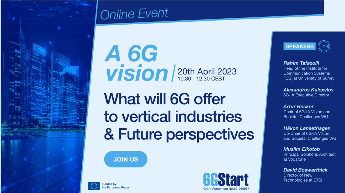 6Gflagship's tweet photo. 📣 Join us for the 6G Vision webinar! Experts will explore the economic, societal, environmental, and technological impact of 6G, as well as its business case, advantages over 5G, and more.
🚀 Register now at https://t.co/O7KERqLHZu
#6G #webinar #6GStart https://t.co/oJeFGQqqIn