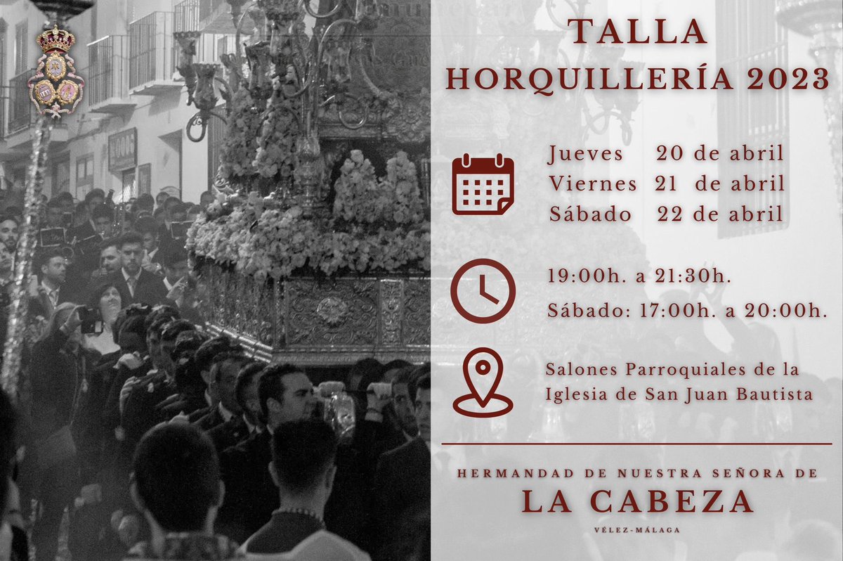 juventudcabeza's tweet photo. #INFORMACIÓN📣 | TALLA DE HORQUILLERÍA

🗓 20, 21 y 22 de Abril 
⏰ 19:00h. - 21:30h. | Sábado - 17:00h. - 20:00h.
📍 Salones Parroquiales de la Iglesia de San Juan Bautista

#VirgendelaCabeza💐 
#CofradiasVM https://t.co/xCyhwfInY1