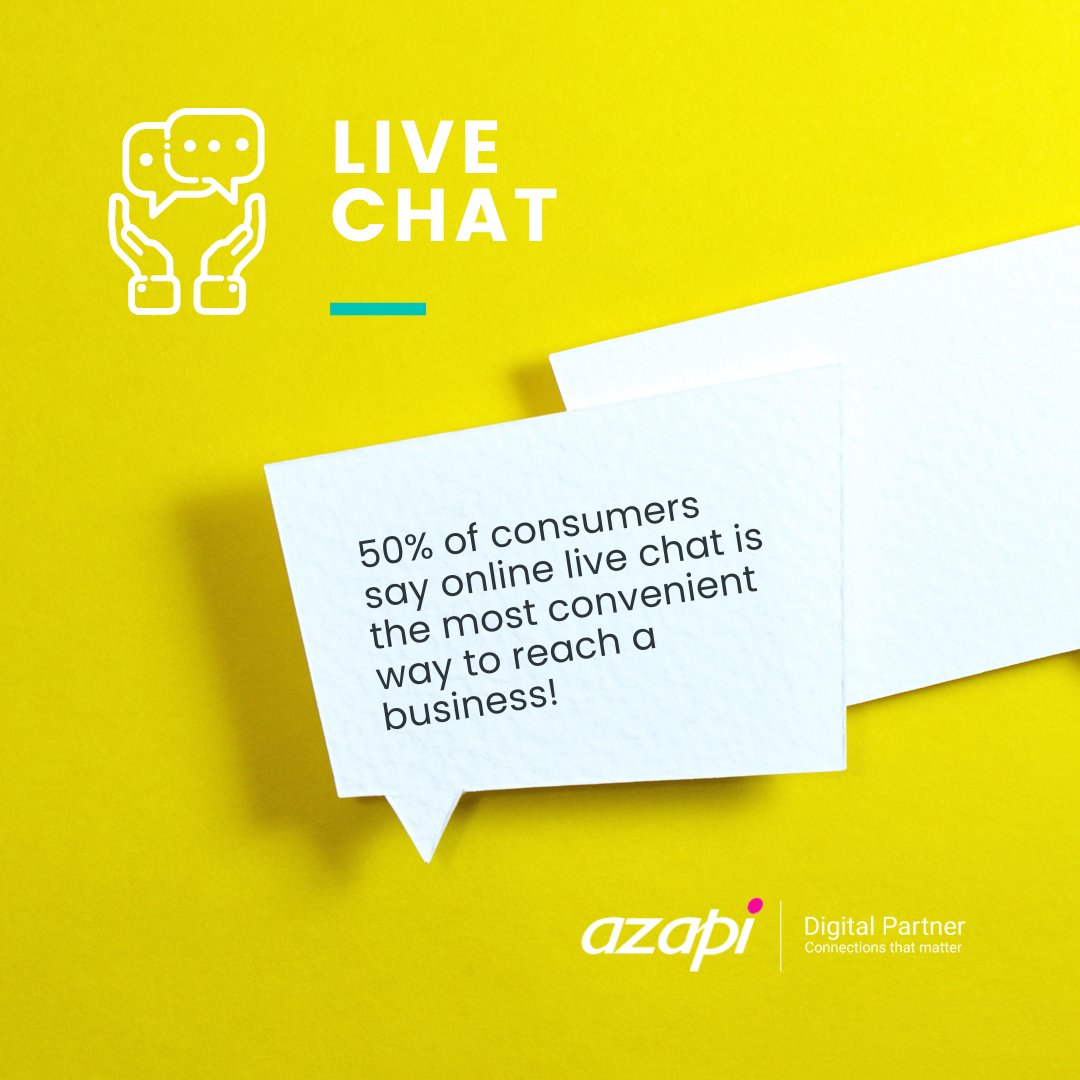 FirstImpactSA's tweet image. 50% of consumers say online live chat is the most convenient way to get help in real-time. Email hello@azapi.co.za and let’s get you set up. #Azapi #DigitalMarketingServices