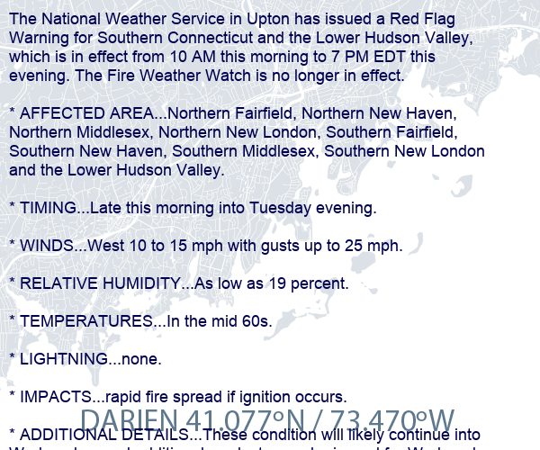 CT_StormWatcher's tweet photo. Local Weather Alert: Red flag warning in effect from 10 am this morning to 7 pm edt this evening for southern connecticut and the lower hudson valley https://t.co/NQGLh5ZEiB