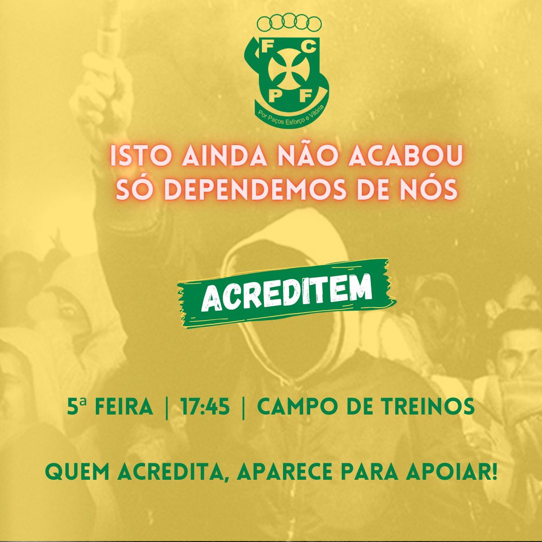 Só dependemos d nós para a manutenção.

Sáb, serão 10mil no estádio a apoiar a equipa deles. Nós seremos poucos. Mas é importante demonstrar à equipa q quem cá fica, acredita! 

Por isso 5a, às 17:45 juntemos tds no campo de treinos e mostremos q ainda acreditamos que é possível