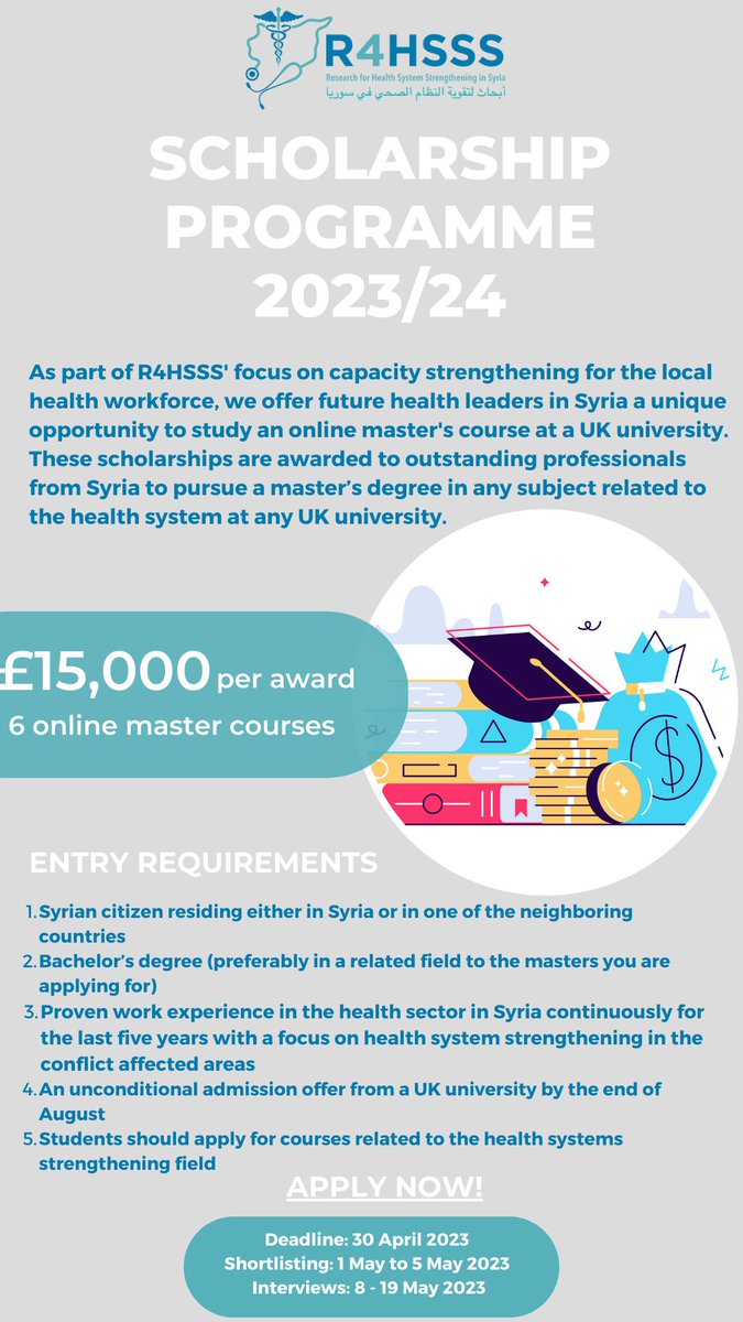 📣REMINDER: Are you interested in pursuing an online master's degree in a field related to the health system, from any UK university? 

Applications for the R4HSSS scholarships (up to £15,000) are open!

📍DEADLINE: 30 April 2023 

🔗Link: r4hsss.org/r4hsss-scholar…