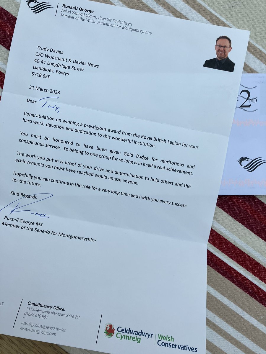 trudydavies1964's tweet photo. Nice to open this &amp; inspires me to continue. 
Drive &amp; Determination are two things needed when you want to achieve anything in your life, but always remember a sprinkling of #Kindness Thank you @russ_george MS #Senedd for congratulations
#RBL #RBLWS #Llanidloes @trudydavies1964 https://t.co/8Nf4KuPeYw