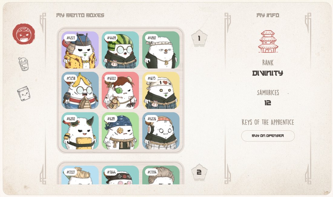 These 2 days <a href="/SamuricesNFT/">SAMURICES 🥢 サムライス</a> gave me a great time experiencing their NFT ecosystem

NFT - Adorable / JP culture / Gamify
Project - Well organized Discord Roles / Mature Website / Interesting Roadmap
Signal - BlueChip buyers onboarding recently

Now small but getting large. The most