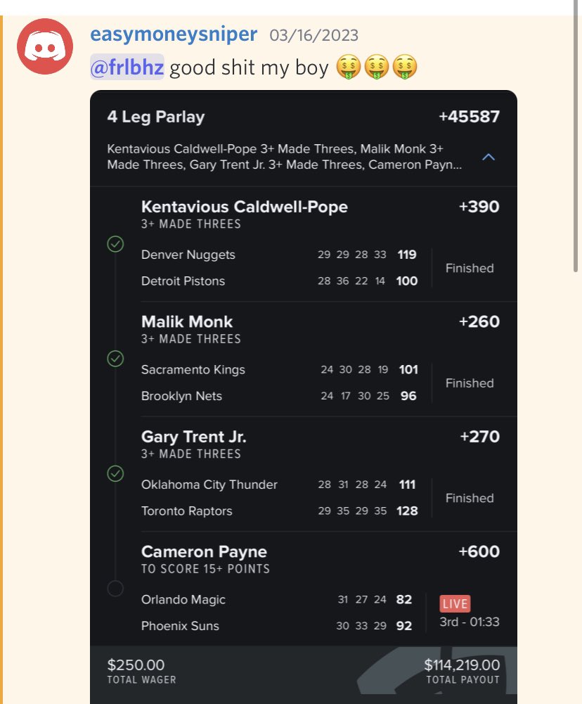 frlbhz's tweet photo. These are just a few of the big lotto hits we’ve had in the discord this season off the info provided. 
1st season in. Only up from here 🚀

@jay__smooth19 @BenSchamberger6

+99649 ✅ $11—-$10.9K 💰

+213127 ✅ $2.23—-$4.7K 💰

+101942 ✅ $10—-$10.2K 💰

+45587 ✅ $250—-$114K 💰 https://t.co/vEtwAlzp0L