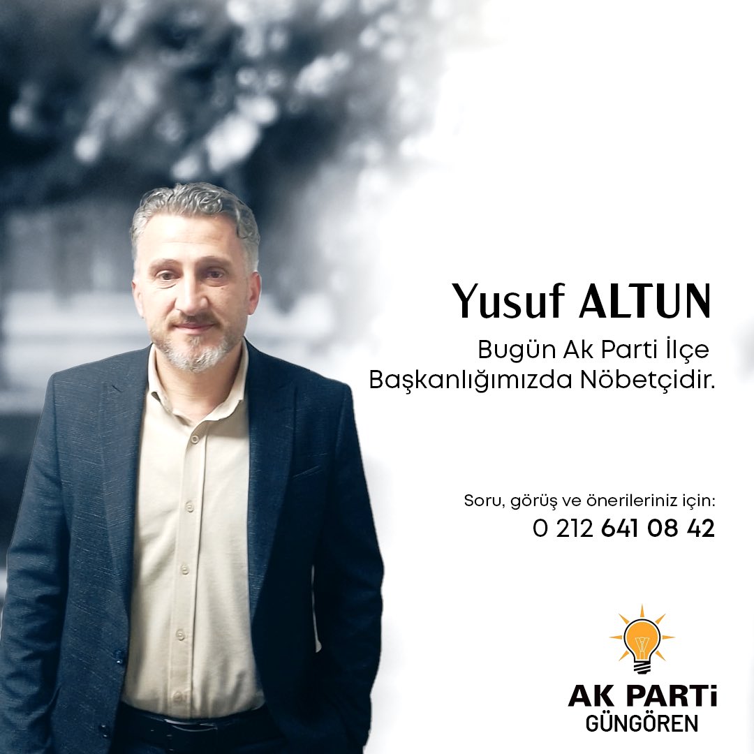 AkPartiGngren's tweet photo. Güngören İçin;
Bugün Ak Parti İlçe Başkanlığımızda Nöbetçimiz
İlçe Yönetim Kurulu Üyemiz
‘Yusuf Altun’

Soru, görüş ve önerileriniz için:
📞(0212) 641 08 42 

@osmannurika 
@devranyalcinkya
@yusuf__altun https://t.co/4zQtf8QKNK