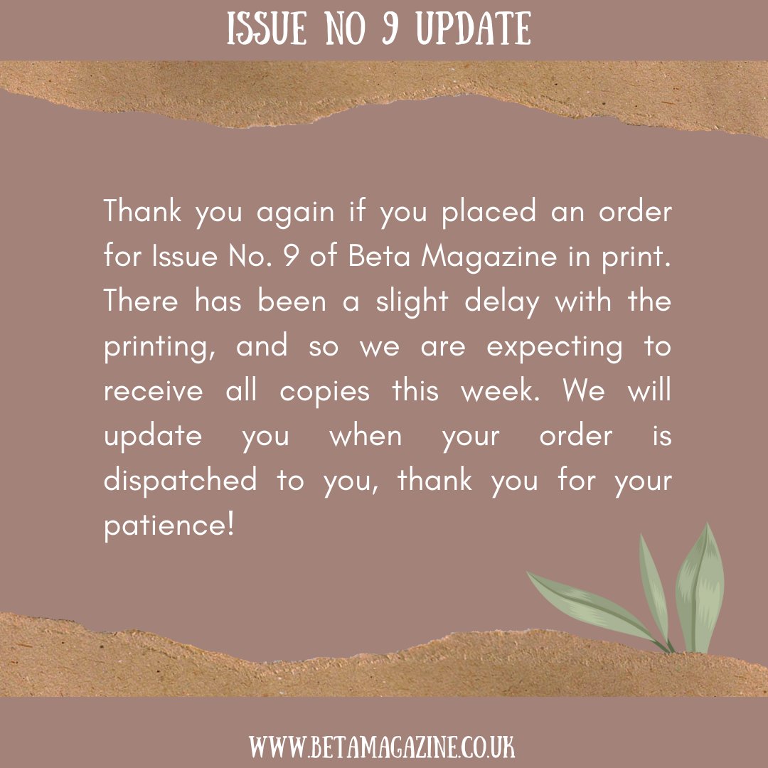 betamagclub's tweet image. Thank you again if you placed an order for Issue No. 9 of Beta Magazine in print. There has been a slight delay with the printing, we are expecting to receive all copies this week. We will update you when your order is dispatched to you, thanks for your patience!
#BetaMagazine