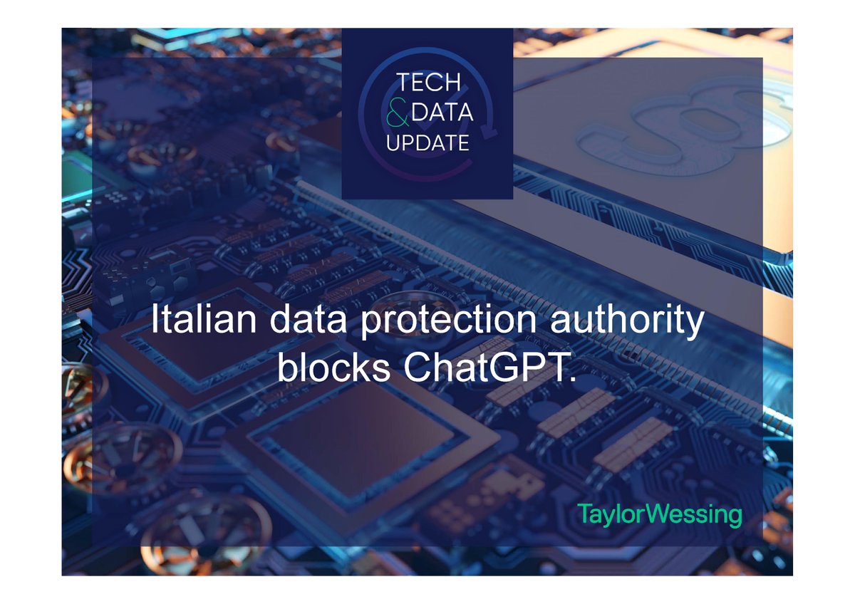 techdata_update's tweet image. ChatGPT has to be suspended pending compliance with data protection regulations in Italy. On March 31, 2023, the Italian data protection authority ordered OpenAI, to temporarily restrict the processing of data of Italian users with immediate effect.