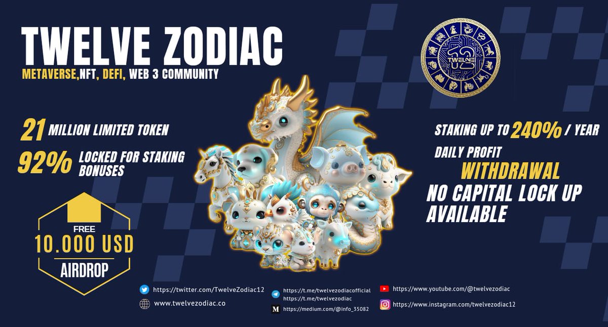 📣 Twelve Zodiac Airdrop is live!

🏆 Reward for Tasks:   5 TWELVE (~$5) for 1800 random participants each.

👨‍👩‍👧 Referral Reward:     1000 TWELVE (~$1000) for top 30 referrers.

👉 t.me/TwelveZodiacir… 👈

#cryptocurrency #Airdrop #Bitcoin #TwelveZodiac #TWELVE #Airdrops #BNB