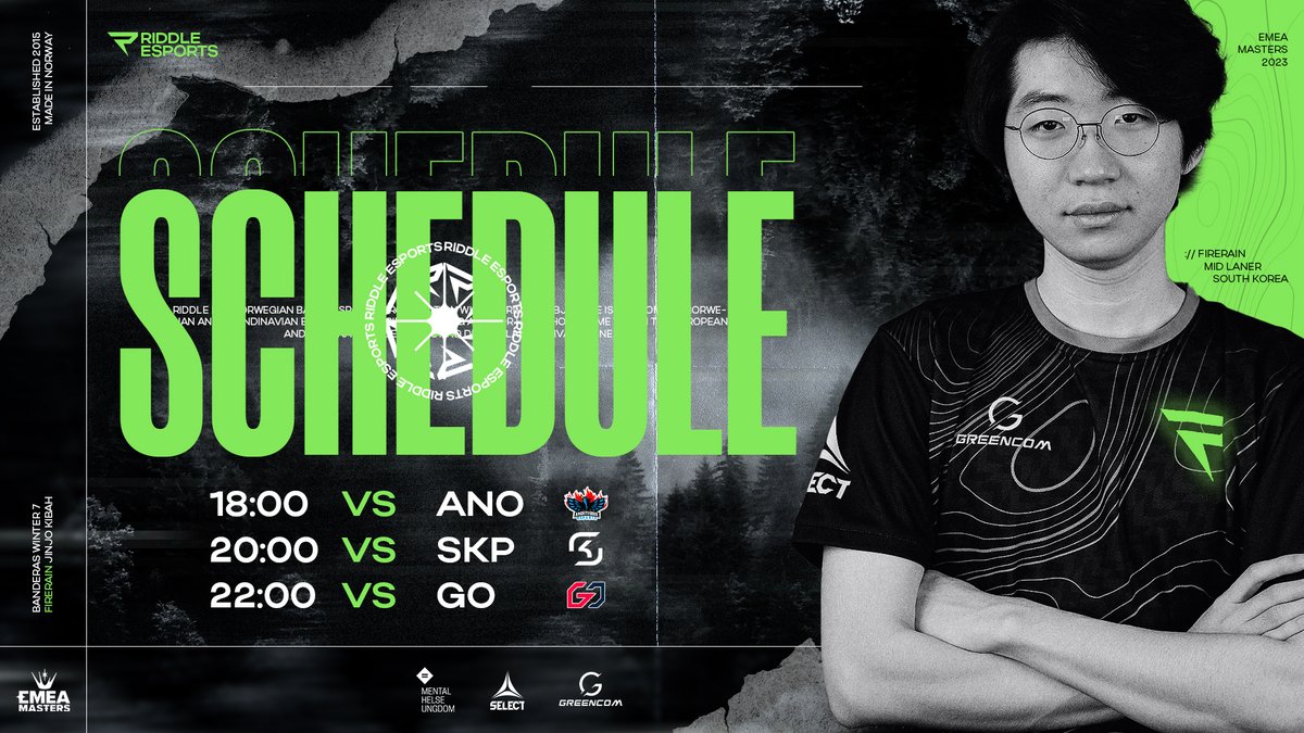RiddleEsports's tweet photo. Time to make the EMEA green tonight as we go in to the first round of games.

18:00 vs @anoesports 
20:00 vs @SKGaming 
22:00 vs @Team_GO 

We will keep you updated on where to watch and support the team 🫡
#OneNLC 💚 https://t.co/jKtxV4aFEi