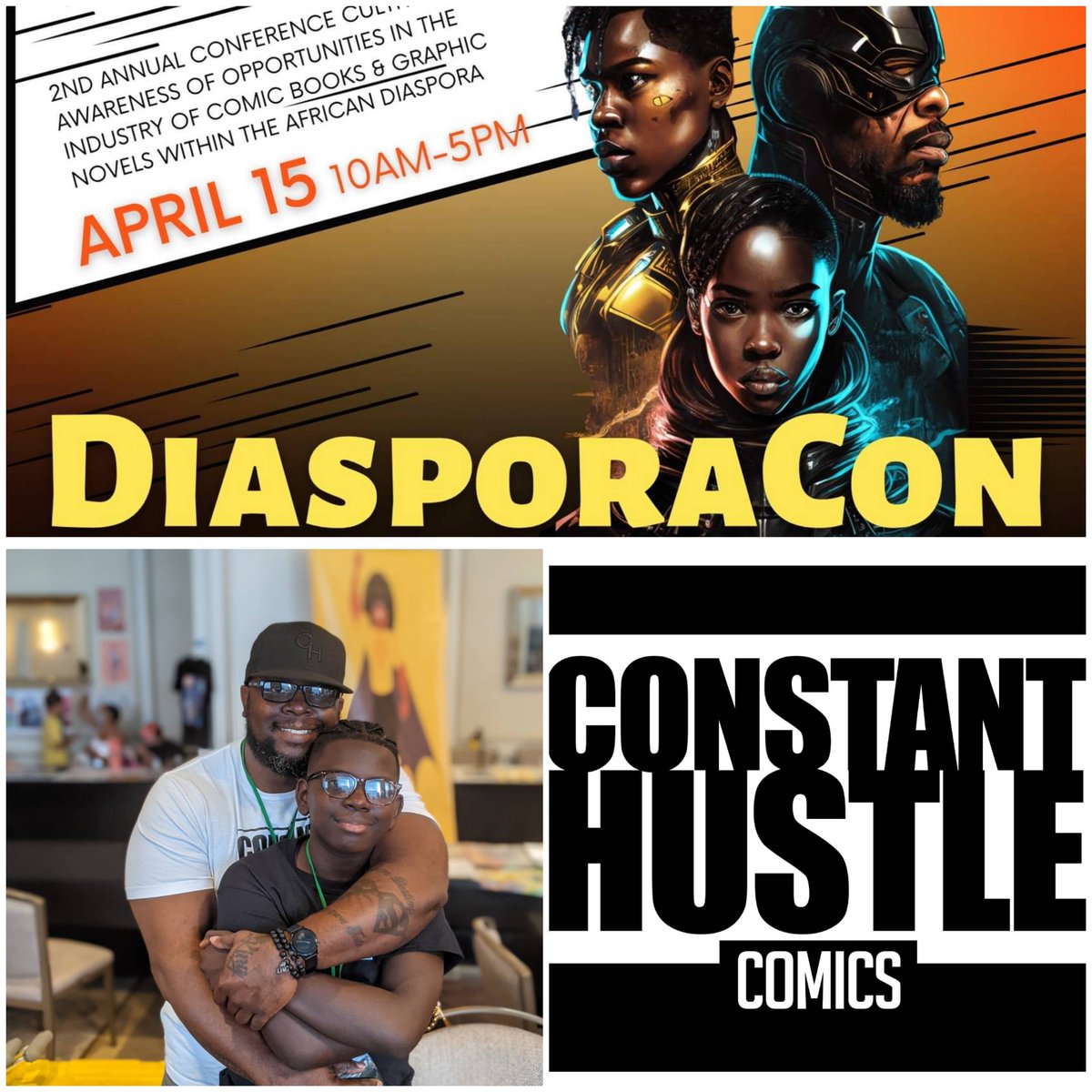 CHustleComics's tweet photo. Constant Hustle Comics will be at DiasporaCon in New Haven CT this weekend talking Comics with some of our lineup and swag for sale.  Come through. 
#ConstantHustleComics #blackcosplay #longlivethehustle #blackownedbusiness #comicbooks #indiecomics #marvel #blackexcellence https://t.co/55B9U4ET0a