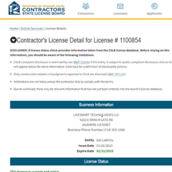 LiveSmart awarded Contractor’s License #1100854 by the State of California, Dept. of Consumer Affairs, Contractors State License Board. Congrats Team LiveSmart!  View the whole news article here LiveSmart Earns CA State Contractor's License (livesmarttech.com)