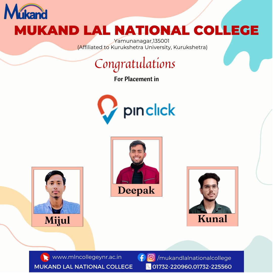 MLNcollege's tweet photo. #3 Student have been placed in #PinClick
Wishing them luck. Keep rising and Shinning and have a great future ahead.
#Placement #MLN #Mukandlalnationalcollege https://t.co/TYANCCsRsW