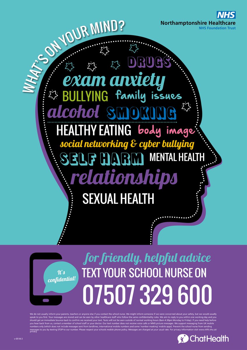 Just a reminder #YourSchoolNurse teams are still here to support during school holidays via #ChatHealth Young People of secondary school age or parents can TEXT in confidence Mon-Fri 8am-4.30pm for friendly expert advice #WhatsOnYourMind #Health #Wellbeing