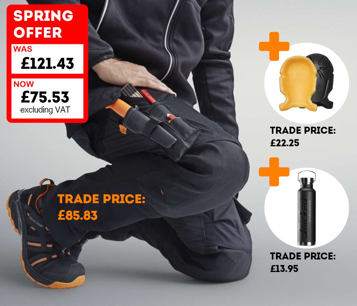 Pagets Workwear Spring Offer: Get Snickers AllRoundWork Trousers, Knee Pads, and Insulated Bottle for £75.53 ex VAT (usually £121.43). Upgrade your work gear for comfort and protection. #SpringOffer #Snickers #WorkwearSale #SheffieldBusiness