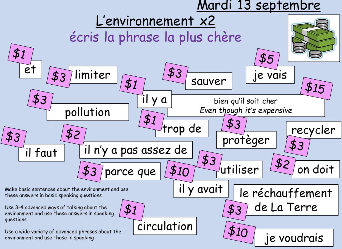 💰Sentence builder repost - what’s the highest price sentence you can make. Adapt for other subjects to define, describe, explain or express opinions. #mfl #mfltwitterati #revision #gcse #explain #define #secondaryschoolteachers #teaching #teachingideas #teacherchat
