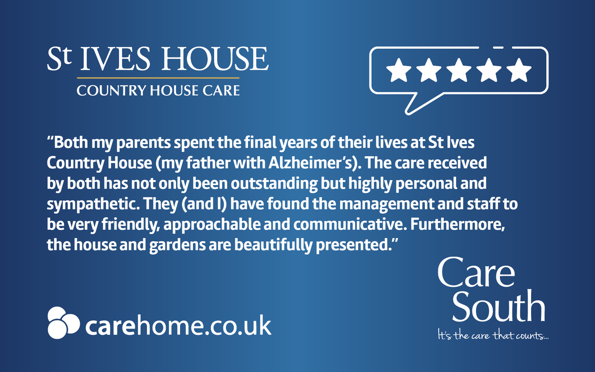 CareSouthUK's tweet photo. Another #FiveStarFriday review from a son of residents at #StIvesHouse:  "My parents  have found management and staff to be very friendly, approachable and communicative. Furthermore, the house and gardens are beautifully presented."  ⭐⭐⭐⭐⭐

#FoodFunFriendship #CareSouthUK https://t.co/f0fYXJfhmo