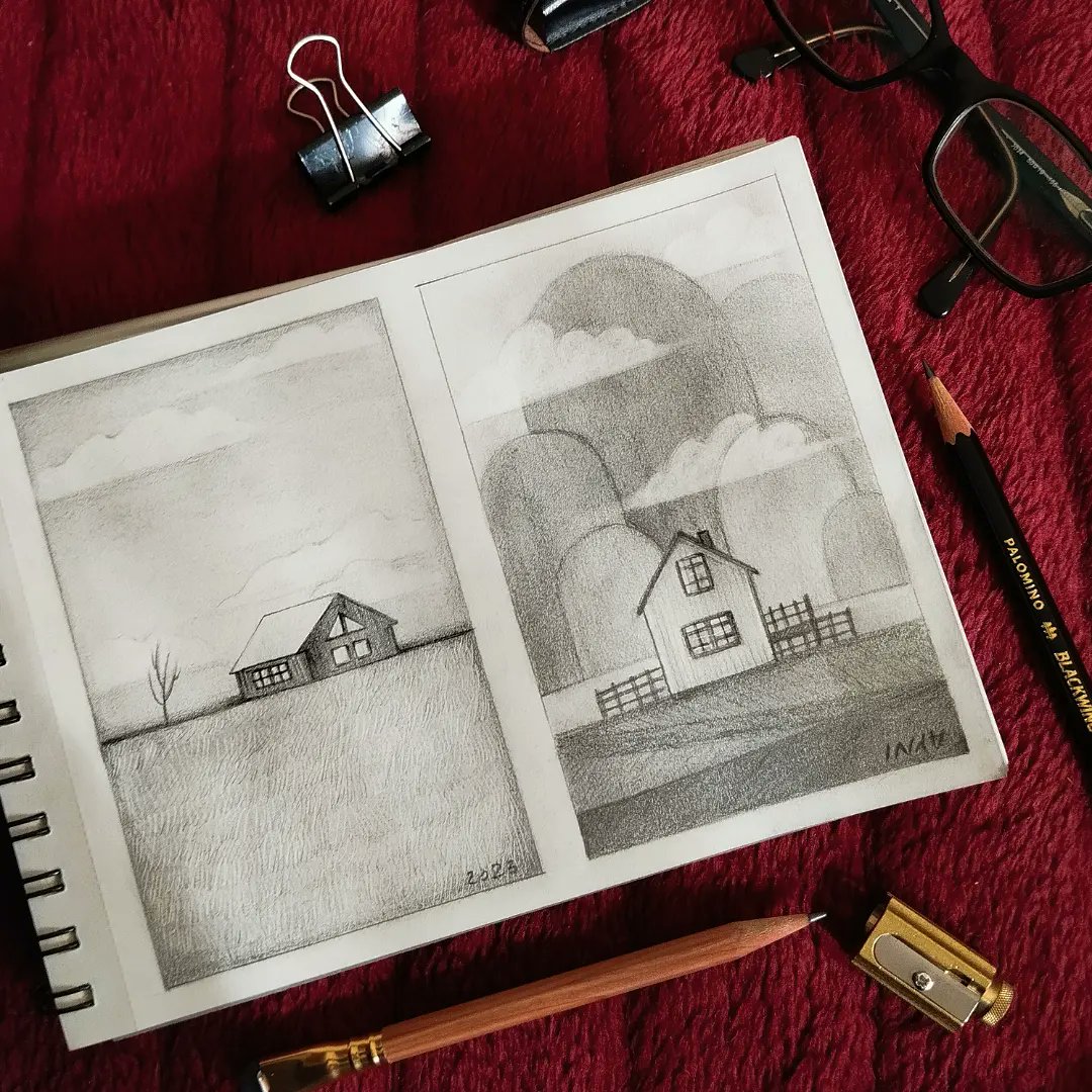 Inyasart's tweet photo. Here a spread out of my #sketchbook this year I promised to take small meditative breaks by drawing small landscapes in #graphite https://t.co/arRXnxWVR6