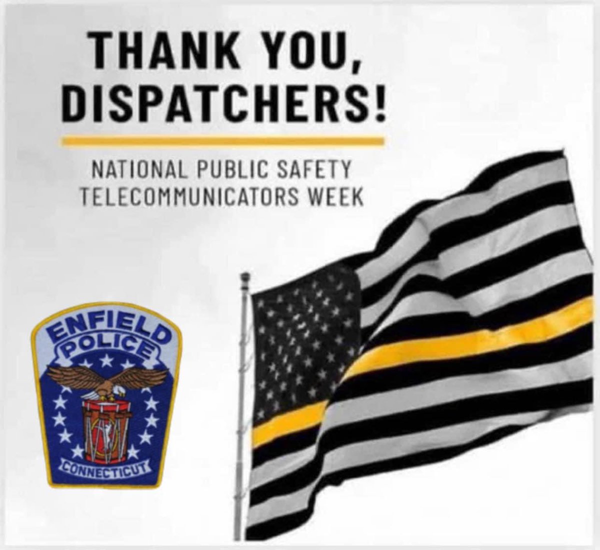 PoliceEnfieldCT's tweet photo. The first voice you hear when you call 911 is a dispatcher.  We would like to recognize our great dispatchers here at Enfield Public Safety for National Telecommunications Week.  Thank you for your service 24/7/365.  Dispatchers save seconds and seconds save lives! https://t.co/w2sHwYq3Of