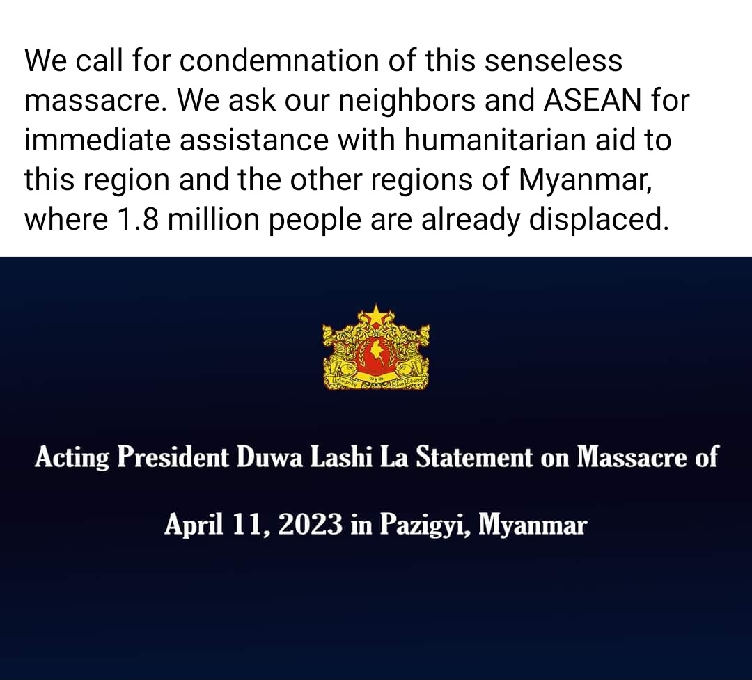 May Wong (@maywongcna) on Twitter photo #Myanmar's #NUG acting president <a href="/DuwaLashiLa/">Acting President Duwa Lashi La</a> condemns #military's "senseless massacre" in #Sagaing saying army "will not succeed" with "mindless war" against its own people. Vows to continue to fight for "new Myanmar" where "such atrocities cannot occur" #WhatsHappeningInMyanmar #Myanmar's #NUG acting president <a href="/DuwaLashiLa/">Acting President Duwa Lashi La</a> condemns #military's "senseless massacre" in #Sagaing saying army "will not succeed" with "mindless war" against its own people. Vows to continue to fight for "new Myanmar" where "such atrocities cannot occur" #WhatsHappeningInMyanmar