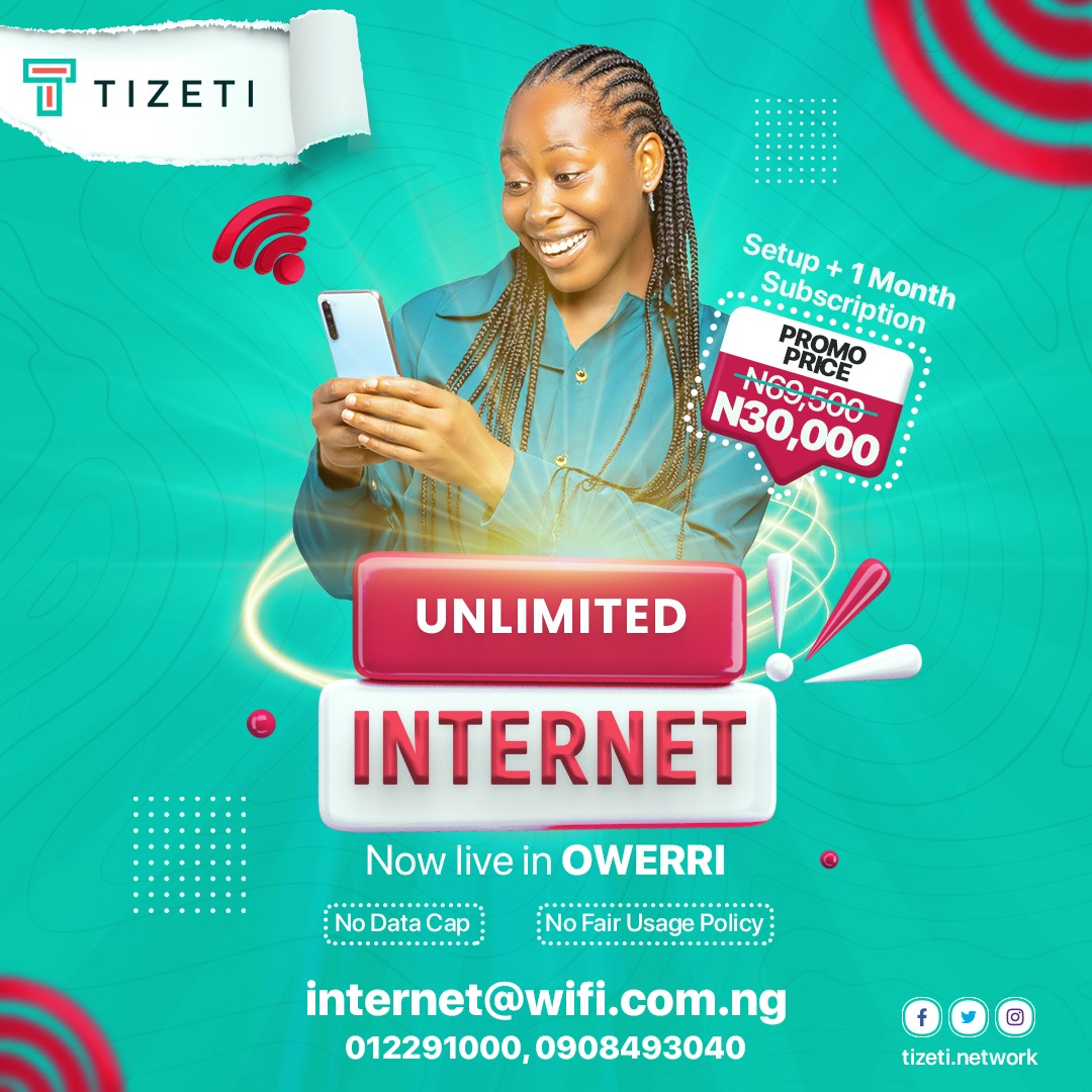 tizeti's tweet photo. Ndewonu ndi Igbo!

Tizeti is now available in Owerri!

Connect with your business associates, launch that online class, and start your eCommerce business with unlimited internet from #Tizeti!

Sign up now for N30,000!

https://t.co/L4UmvgYZV3

#ImoInternet #Owerri #Unlimited https://t.co/A6pyn0uv7r
