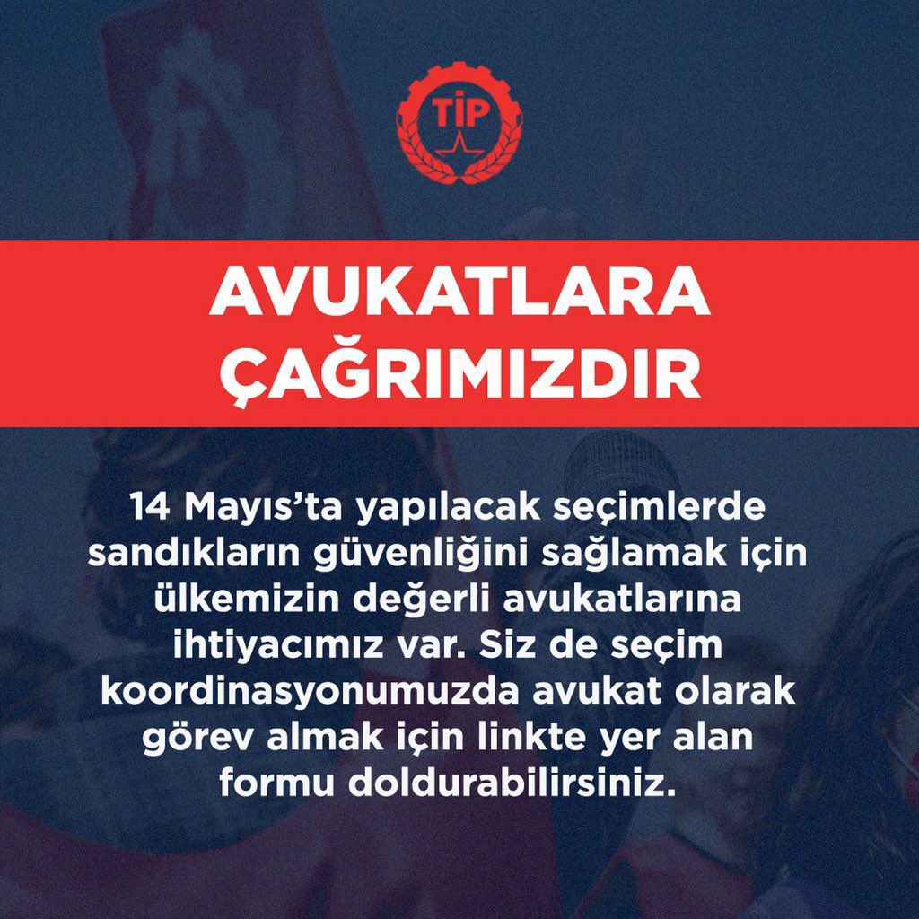 Avukatlara Çağrımızdır

14 Mayıs'ta yapılacak seçimlerde sandıkların güvenliğini sağlamak için ülkemizin değerli avukatlarına ihtiyacımız var. Siz de seçim koordinasyonumuzda avukat olarak görev almak için linkte yer alan formu doldurabilirsiniz.

docs.google.com/forms/d/e/1FAI…