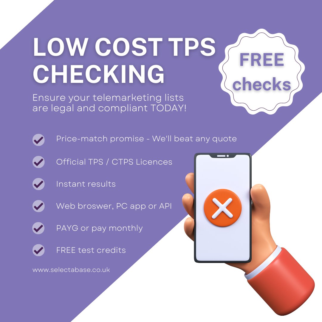 selectabase's tweet image. Get TPS compliant in minutes - it's the law!
To comply with data regulations, it's essential to check telephone numbers against the Telephone Preference Service prior to making any calls.
To claim 50 FREE checks visit selectabase.co.uk/services/tps-c… 
#EasyCheck #TPS #CTPS #Selectabase