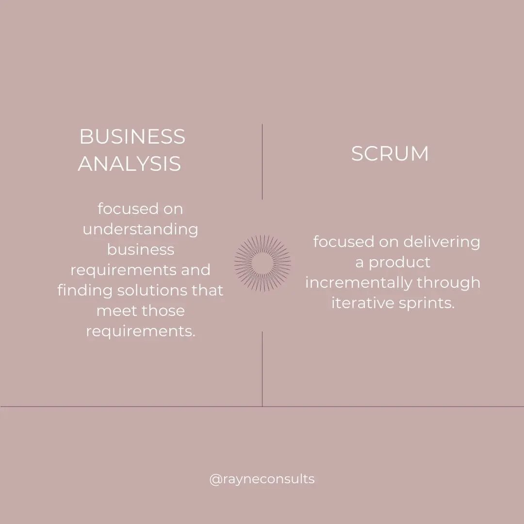 RayneConsults's tweet photo. Despite sharing similar skills and working towards a common goal for the business, there are differences between Business Analysis and Scrum.
Swipe to see the differences between them.
#BAcoach https://t.co/IsW5ZJS8nw