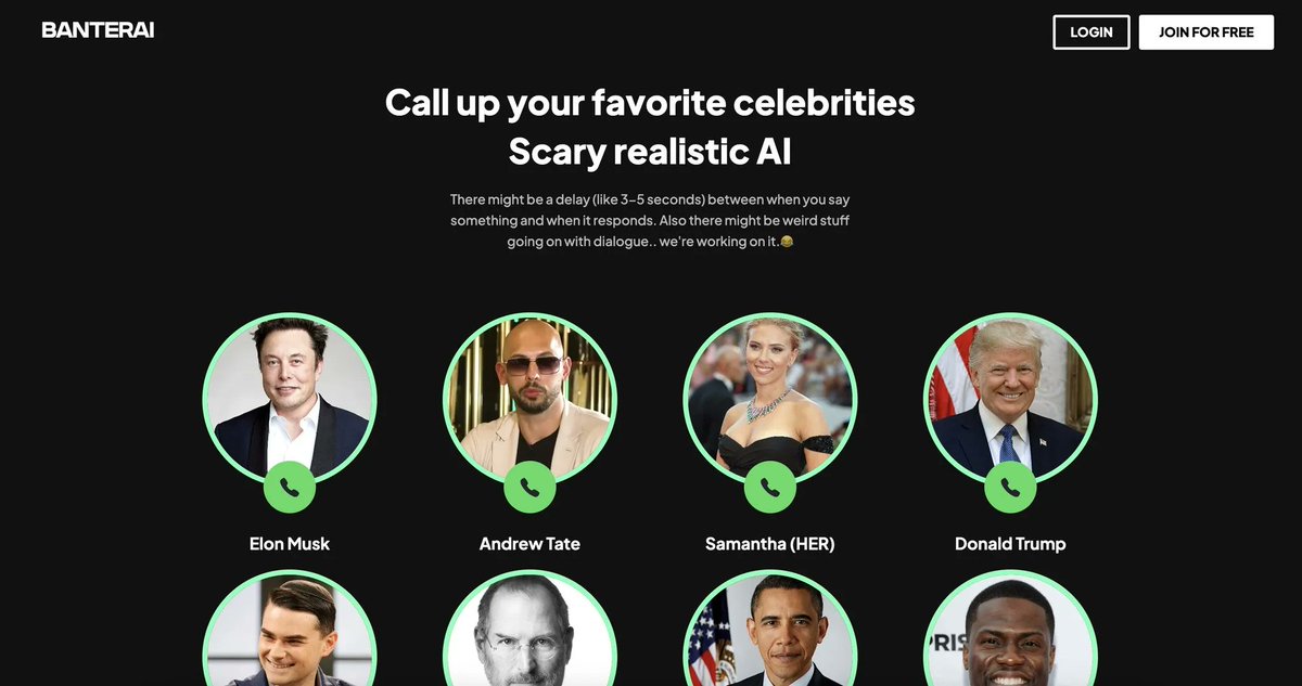 🚨 Check out BanterAI. 

With BanterAI, you can call up your favorite celebrities and talk to them with scary realistic AI 📞