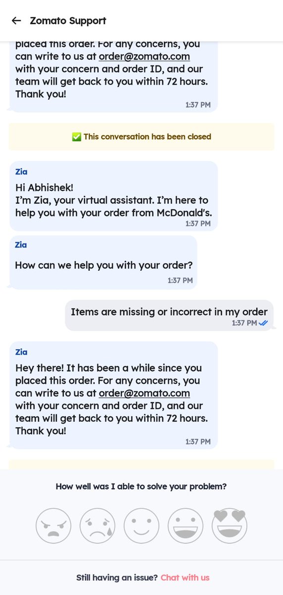AnchalSriii's tweet photo. I received incomplete order from McDonald's, in which the seal was broken and 3 McPuffs were missing. I contacted the Zomato Support Executive thrice, but didn't get a satisfactory response.They asked to contact next day, but now I am not able to raise my concern. https://t.co/potEkpagGA