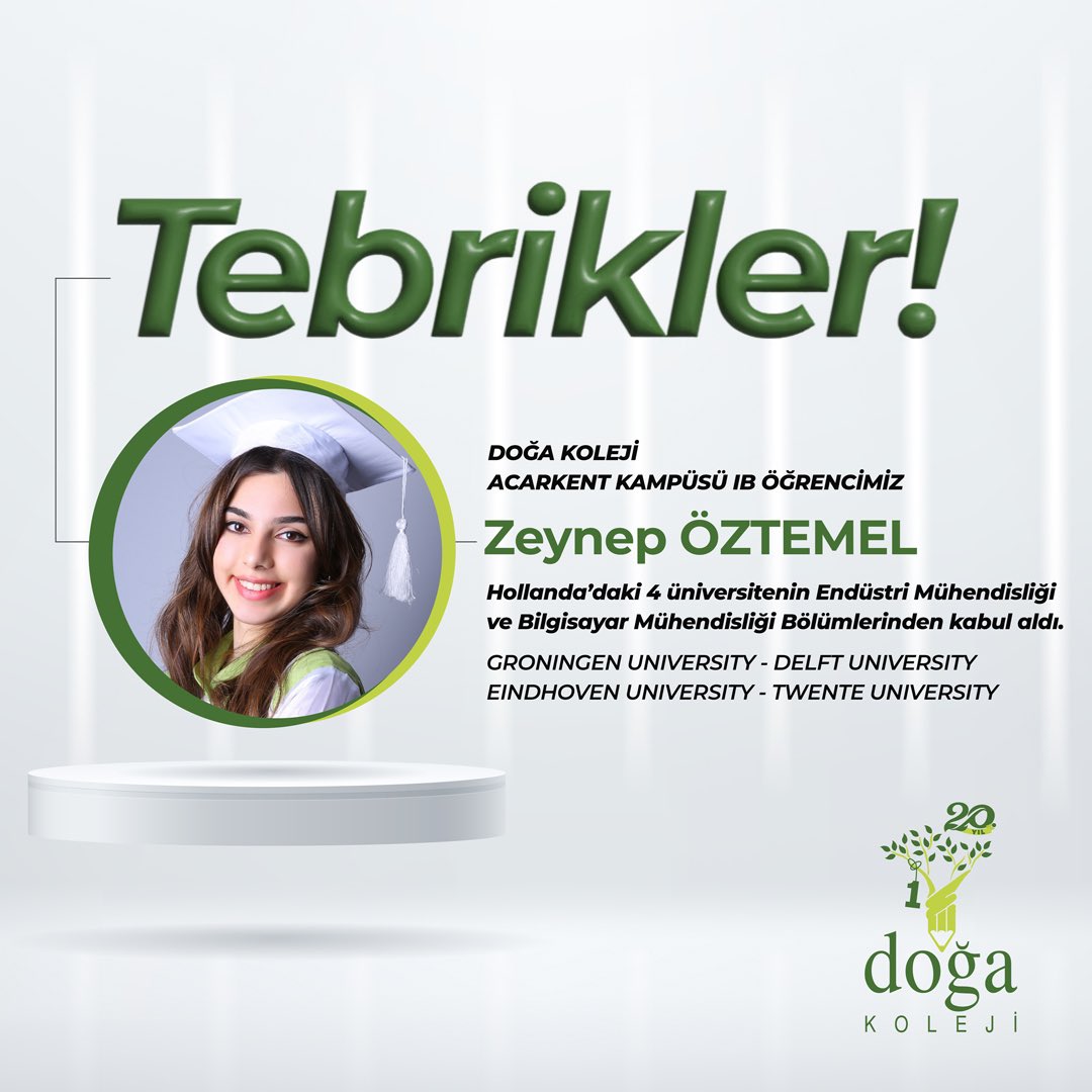 Doğa Koleji Acarkent Kampüsü IB öğrencilerimiz, önemli bir başarıya imza atarak bizleri gururlandırdı. Dünyanın önde gelen birçok üniversitesinden ve bölümlerinden kabul alan öğrencilerimizi tebrik eder, başarılarının devamını dileriz.