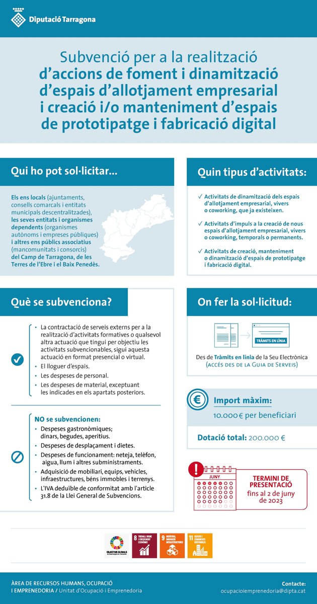 Dipta_cat's tweet photo. #GuiaServeisDipta 🟢Oberta la convocatòria d'ajuts per al foment i dinamització d’espais d’allotjament empresarial i creació i/o manteniment d’espais de prototipatge i fabricació digital 🗓️Si sou un #enslocal podeu sol·licitar els ajuts fins al 2 juny
👉https://t.co/iEe5Byw0yM https://t.co/BrHSDMQ5tG