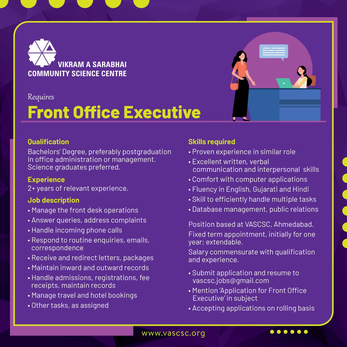 VASCSC is hiring Front Office Executive. Apply now!

#post #FrontOffice #executive #management #jobs2022 #jobsearch #jobseekers #incharge #jobsindia #naukri #ahmedabadjobs #jobs #hiring #hiringnow #hiring2023 #stemeducation