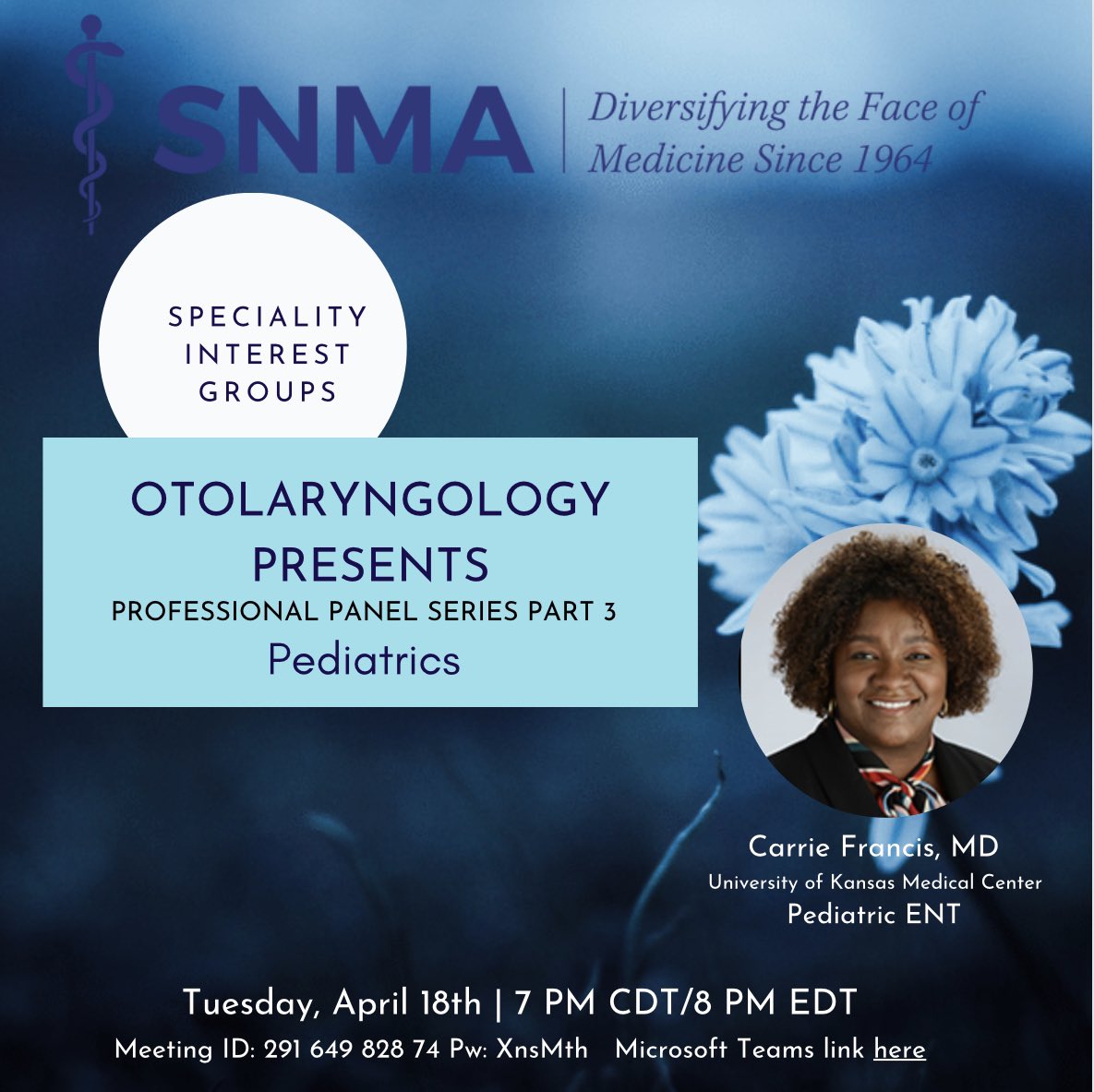 The SNMA ENT SIG is excited to present our next Panel Series: Pediatrics with @PedsOtoDoc! 

Please join us 
April 18th at 7pm CDT| 8pm EDT ‼️ 

The Microsoft teams link here: teams.microsoft.com/l/meetup-join/…

#ENTtwitter #SNMA #ENT