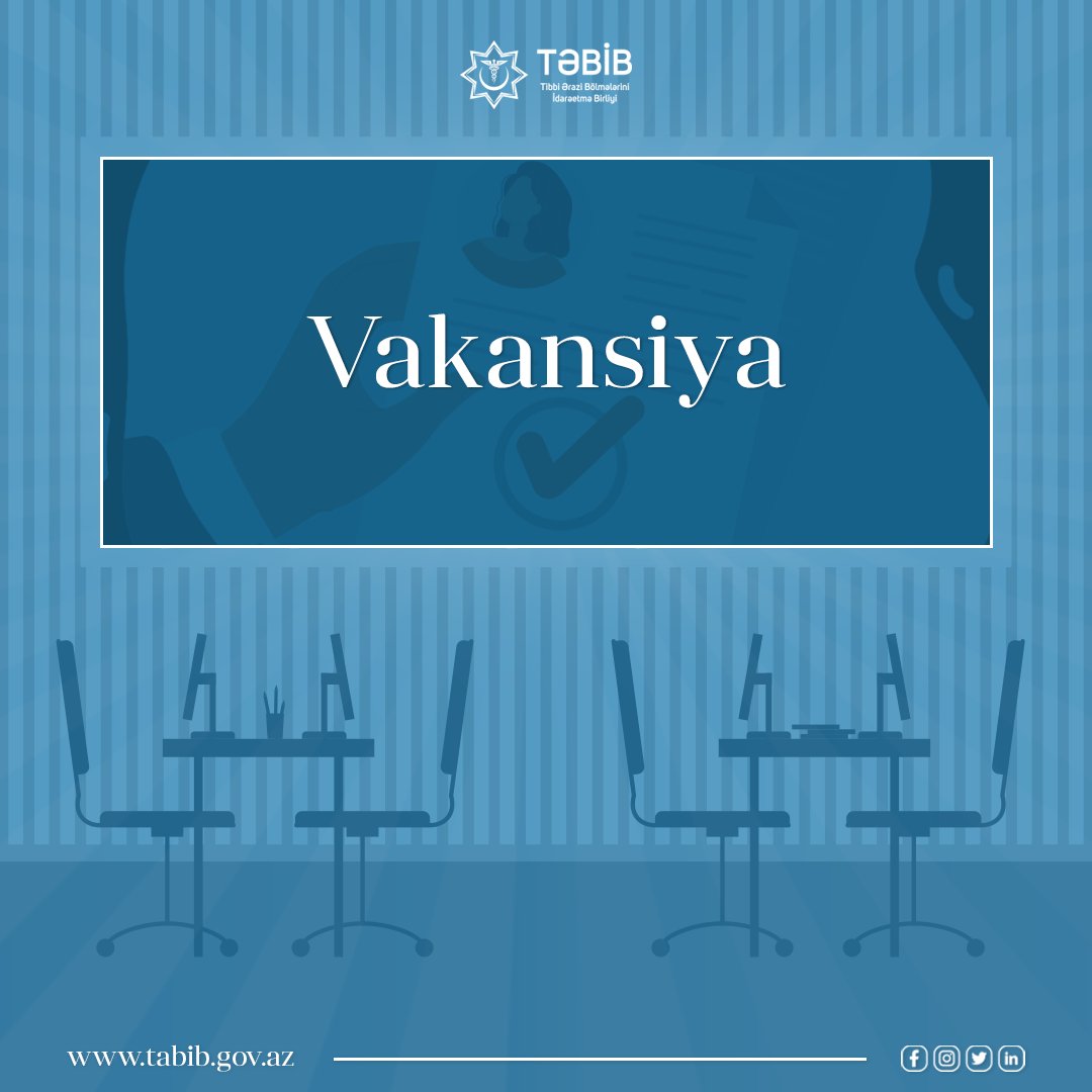 tabibgovaz's tweet photo. Tibbi Ərazi Bölmələrini İdarəetmə Birliyi (TƏBİB) sahə həkimi-terapevt və həkim-ftiziatr vəzifələri üzrə vakant yerlər elan edir
İş yeri:
• Bakı Baş Səhiyyə Mərkəzinin tabeliyində olan tibb müəssisələri
Ətraflı: https://t.co/AjvvNfPzm4
#TƏBİB #BBSM #vakansiya #işəqəbul https://t.co/ky972nm7CS