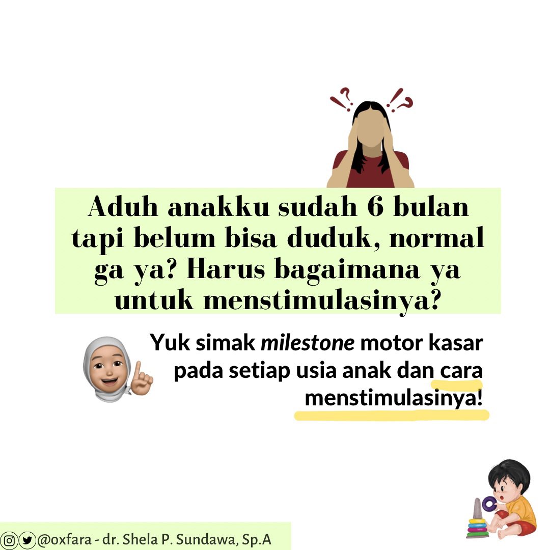 Setiap anak punya ritme kecepatan perkembangannya masing2. Beberapa anak ada yg mengembangkan kemampuannya lebih cepat dari anak2 yg lain. Tetapi ada juga yg terlambat. STIMULASI sering dan sesuai usia adalah kunci perkembangan optimal bayi
-Utas stimulasi motor kasar bayi-