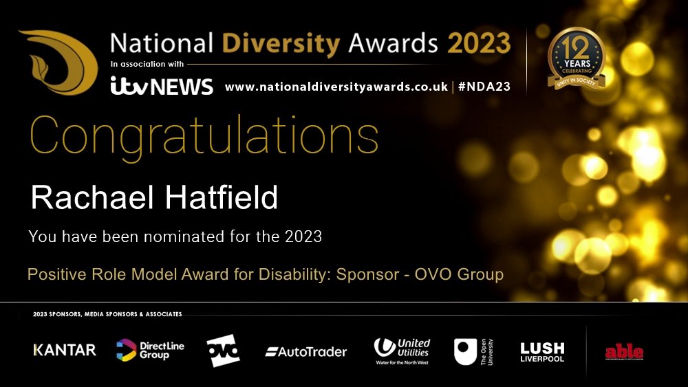 I've been nominated for a @ndawards as a positive role model for disability!
I'm honestly gobsmacked in my eyes, I just live my life the best I can 😊

If you would like to vote for me, you can do so here: 
nationaldiversityawards.co.uk/awards-2023/no…  #NDA23