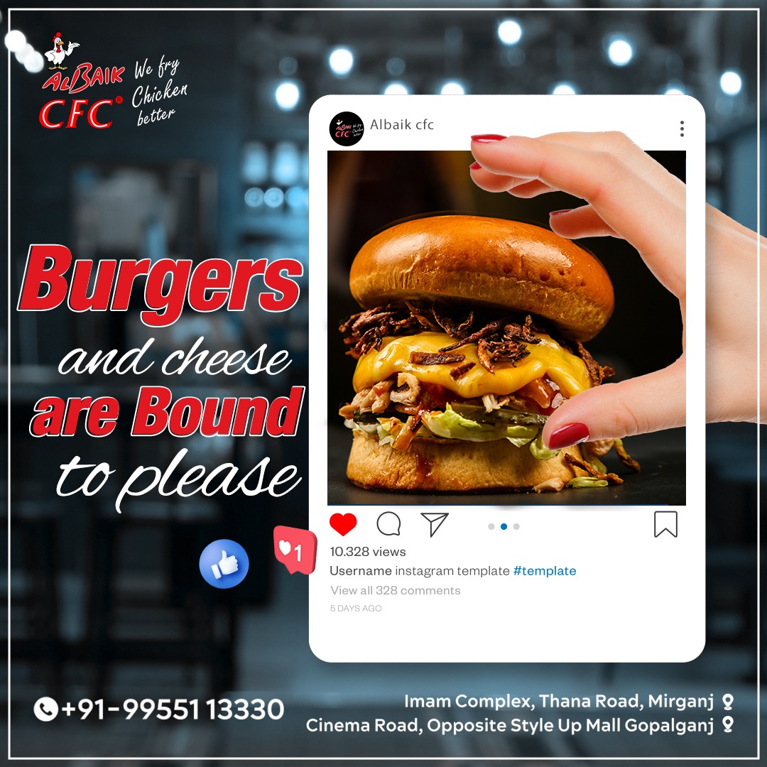 AlBaikCFC's tweet photo. 𝗕𝗨𝗥𝗚𝗘𝗥
Introducing the latest and greatest way to spice up your burgers! Taste the #Delicious_food from the best restaurant in #Gopalganj at the best price.

For Any Query:
☎️Call: +91-9955113330
🌎Address: Cinema Road, Opposite style Up Mall, Gopalganj https://t.co/PIhuzpgkhg