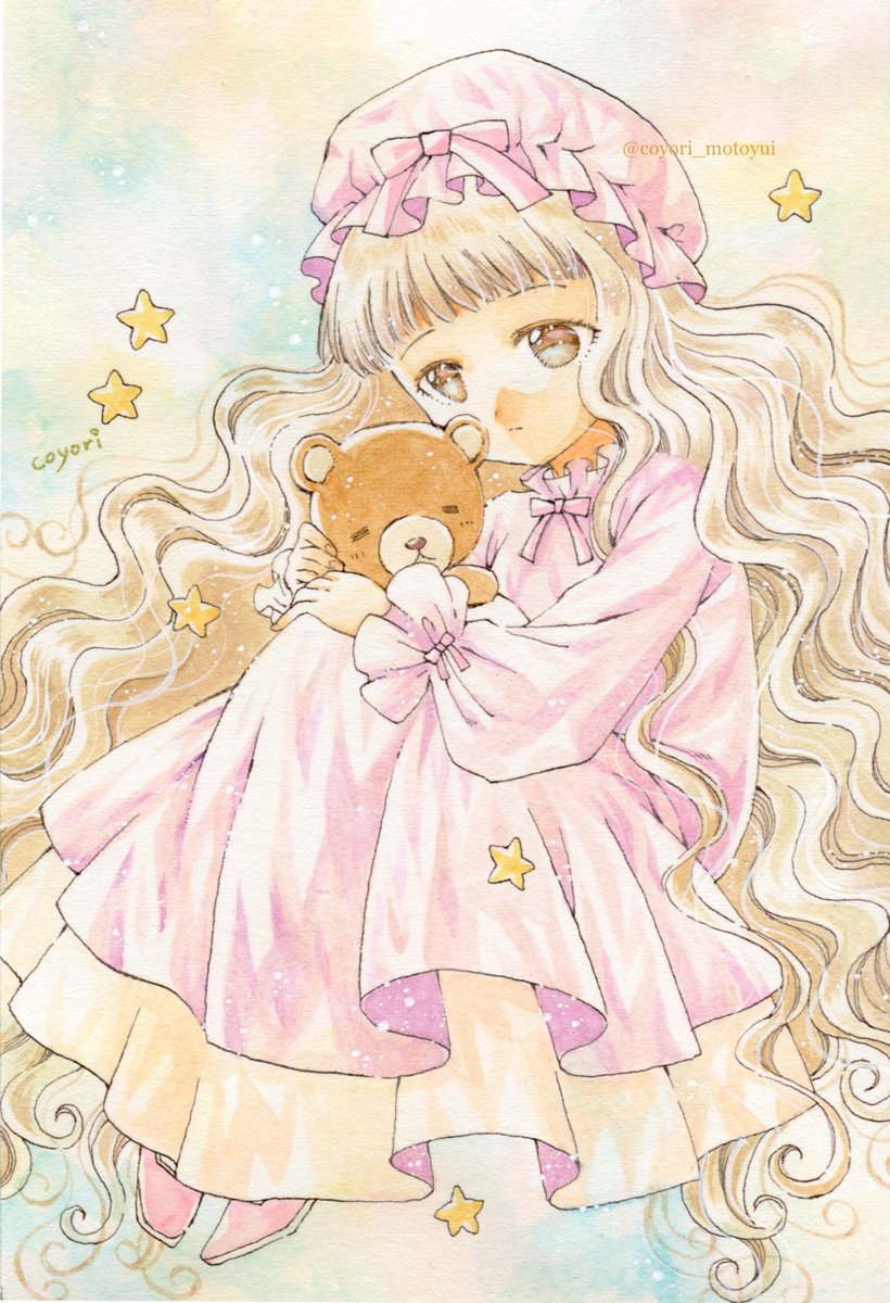 1girl long hair stuffed toy teddy bear stuffed animal solo blonde hair  illustration images