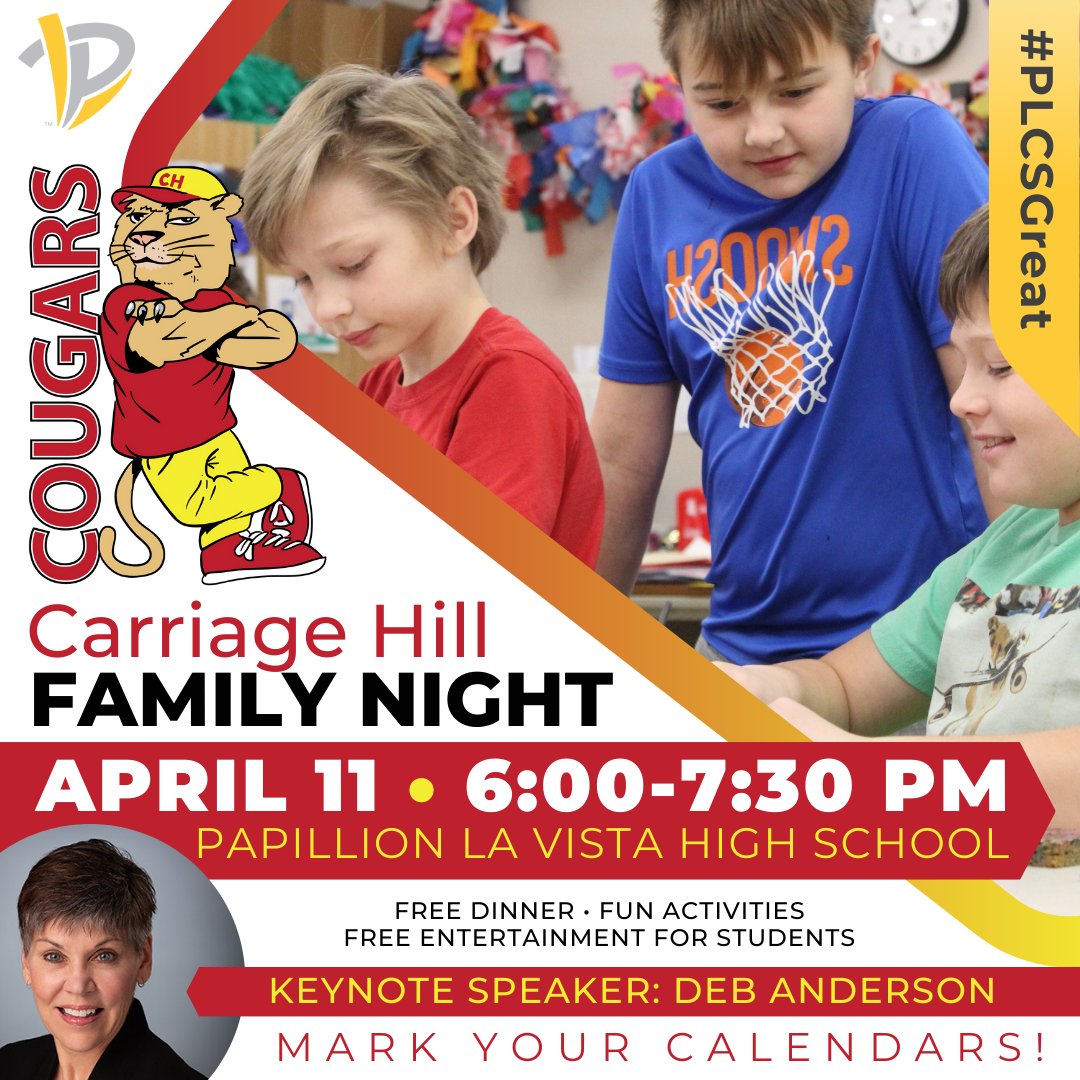 Carriage_Hill's tweet image. JOIN US TONIGHT AT Papillion La Vista High School! 6:00-7:30pm
It'll be such a fun-filled night for the whole family! #PLCSGreat