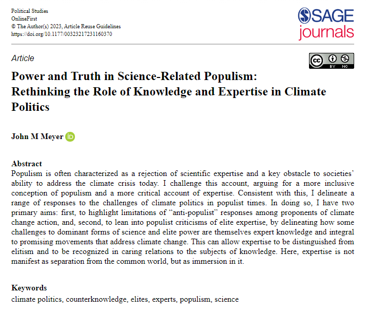 OPEN ACCESS - Power and Truth in Science-Related Populism: John M. Meyer's article discusses the role of knowledge and expertise in climate politics. Read in <a href="/PolStudies/">Political Studies</a>:  ow.ly/EImG50NFPM5

<a href="/PolStudiesAssoc/">Political Studies Association</a> <a href="/SAGECQPolitics/">Sage Politics</a> #polsci #populism #elites #climatechange