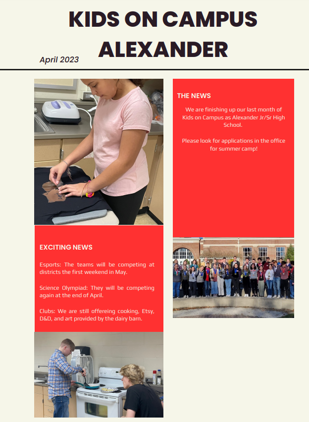 KidsonCampus1's tweet photo. The April newsletter for Alexander Jr/High School is here! Best of luck to the Science Olympiad and eSports teams competing later this month! https://t.co/SjB2qQKfks